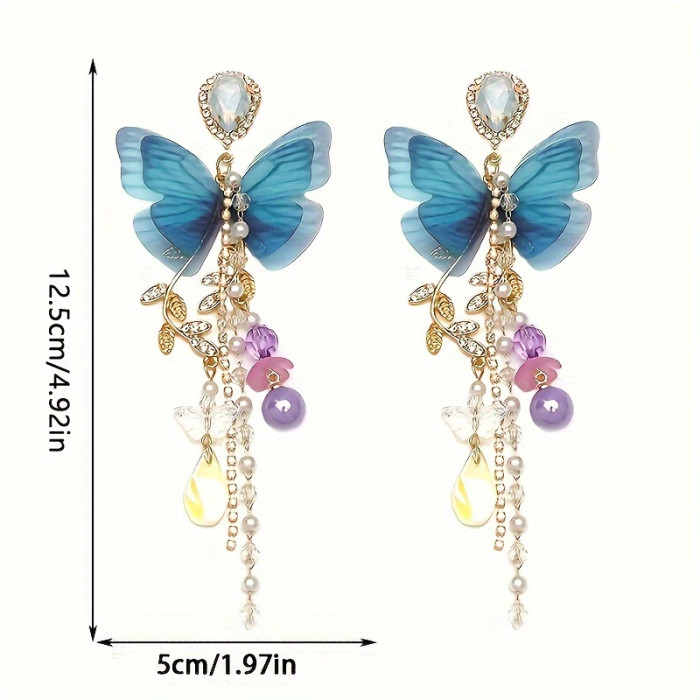 1 Pair Alloy Butterfly Tassel Earrings with Imitation Pearls and 925 Sterling Silver Posts, Boho Chic Dangle Drop Earrings for Daily and Vacation Wear, All-Season Jewelry