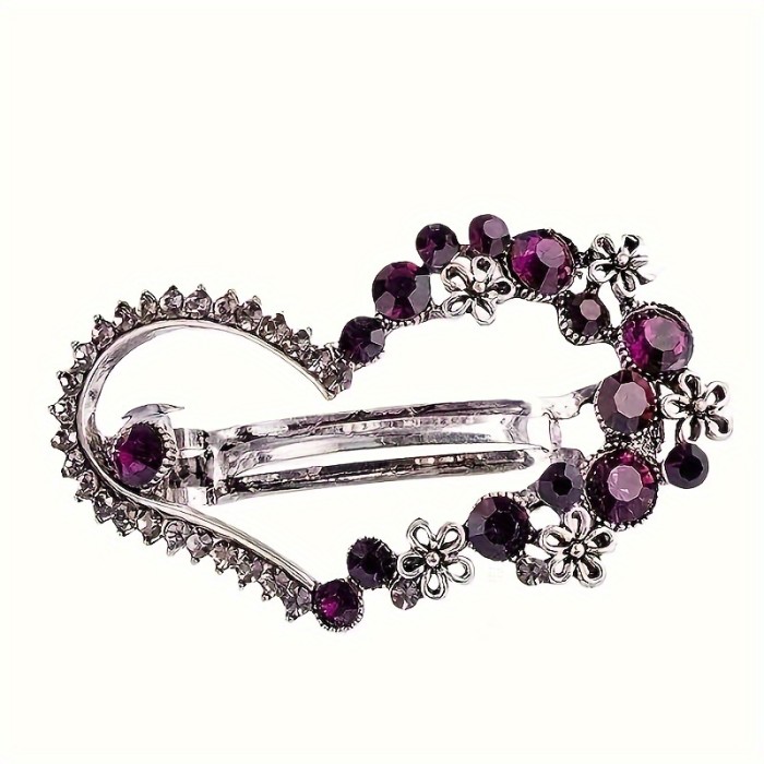 Vintage Elegant Heart-Shaped Hair Clip with Rhinestone Accents, Alloy Flower Hollow Claw Hairpin for Women, Fashion Hair Accessory for Half-Up Hairstyles - Single Piece