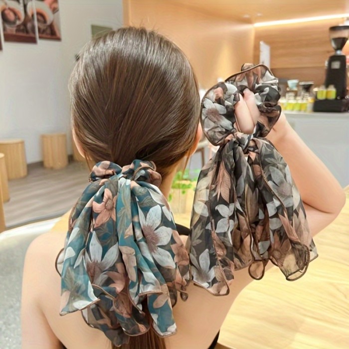 2pcs Set of French Retro Printed Chiffon Elegant Bow Hair Ring, Sweet Style Mesh Bow Ponytail Clip, Multifunctional Ribbon Hair Accessories, Black And Dark Green Hair Rope Set, Elegan