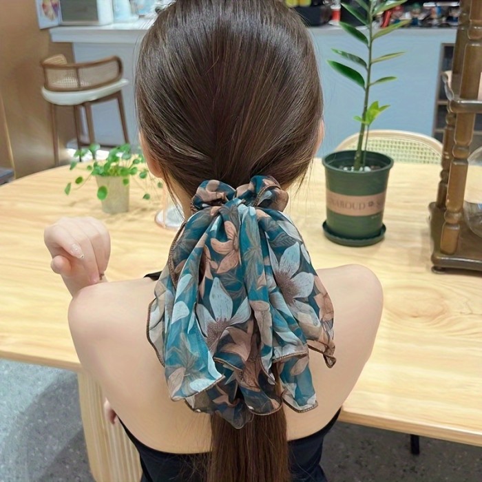 2pcs Set of French Retro Printed Chiffon Elegant Bow Hair Ring, Sweet Style Mesh Bow Ponytail Clip, Multifunctional Ribbon Hair Accessories, Black And Dark Green Hair Rope Set, Elegan
