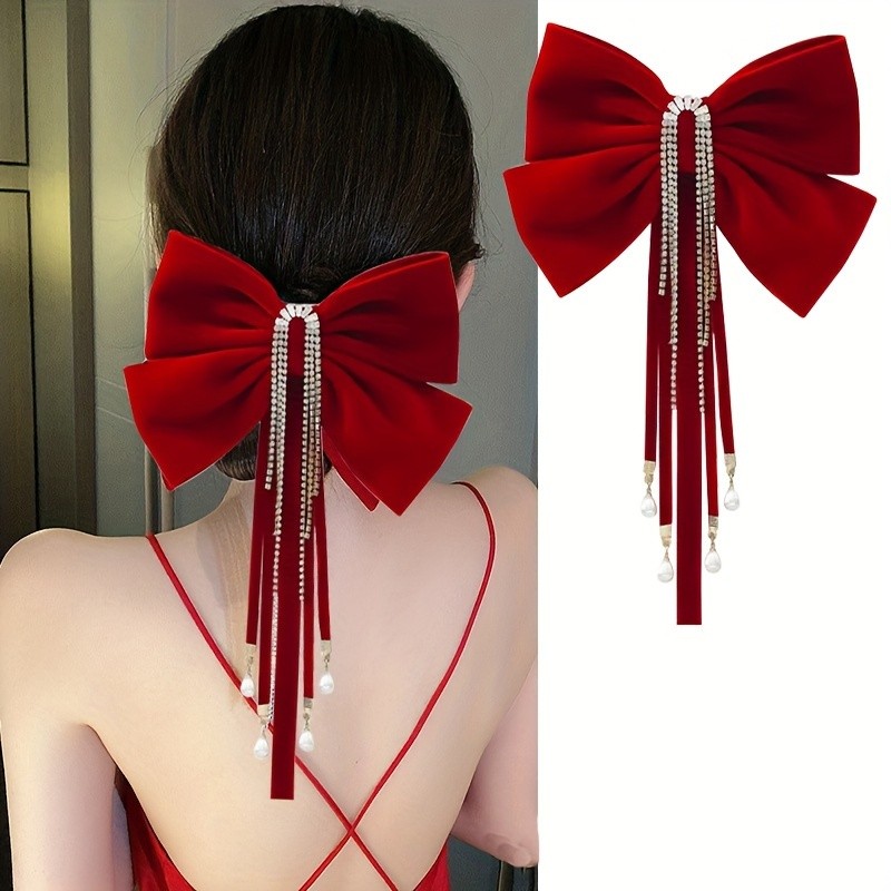 Vintage Rhinestone Tassel Bow Hair Clip - Vintage-Inspired, Perfect for Fall\u002FWinter & Christmas - Chic Accessory for Women and Teens