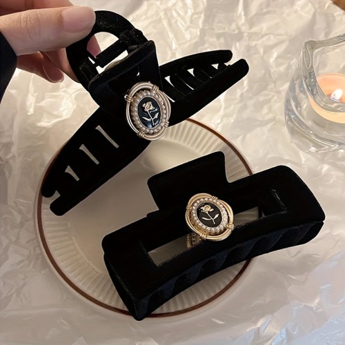 2pcs Black Rose Flocking Hair Clip for Women, Vintage French Style Small Fragrance, New Shark Clip Hair Accessories for Autumn and Winter