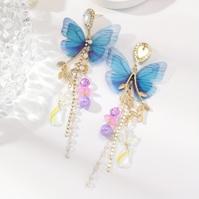 1 Pair Alloy Butterfly Tassel Earrings with Imitation Pearls and 925 Sterling Silver Posts, Boho Chic Dangle Drop Earrings for Daily and Vacation Wear, All-Season Jewelry