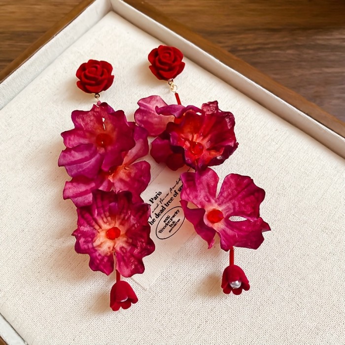 Vintage Bohemian Rose Flower Drop Earrings for Women, Alloy with 925 Sterling Silver Posts, Red & Pink Floral Design, Perfect for Parties and Holiday