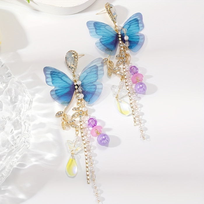 1 Pair Alloy Butterfly Tassel Earrings with Imitation Pearls and 925 Sterling Silver Posts, Boho Chic Dangle Drop Earrings for Daily and Vacation Wear, All-Season Jewelry