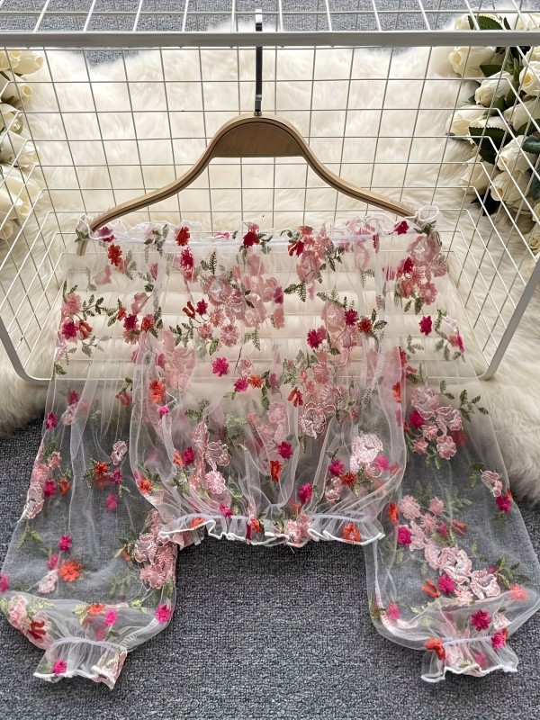 New Arrival - Sexy Off-Shoulder Floral Mesh Top with Lace Detail, Sheer Long Sleeve Cover-Up for Spring\u002FSummer, Romantic Fashion | Floral | Lace Trim, Floral Print Top