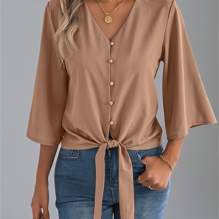 Summer V-Neck Summer Essential Women's V-Neck Blouse | Polyester, Machine Washable, Tie Waist and Batwing Sleeves - Casual Single-Breasted Button-Up Shirt, Ideal for Beach and Casual Attire, Versatile Women's Shirt | Tie Waist Detail | Flowing Material