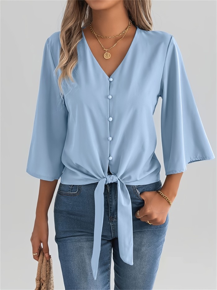 Summer V-Neck Summer Essential Women's V-Neck Blouse | Polyester, Machine Washable, Tie Waist and Batwing Sleeves - Casual Single-Breasted Button-Up Shirt, Ideal for Beach and Casual Attire, Versatile Women's Shirt | Tie Waist Detail | Flowing Material