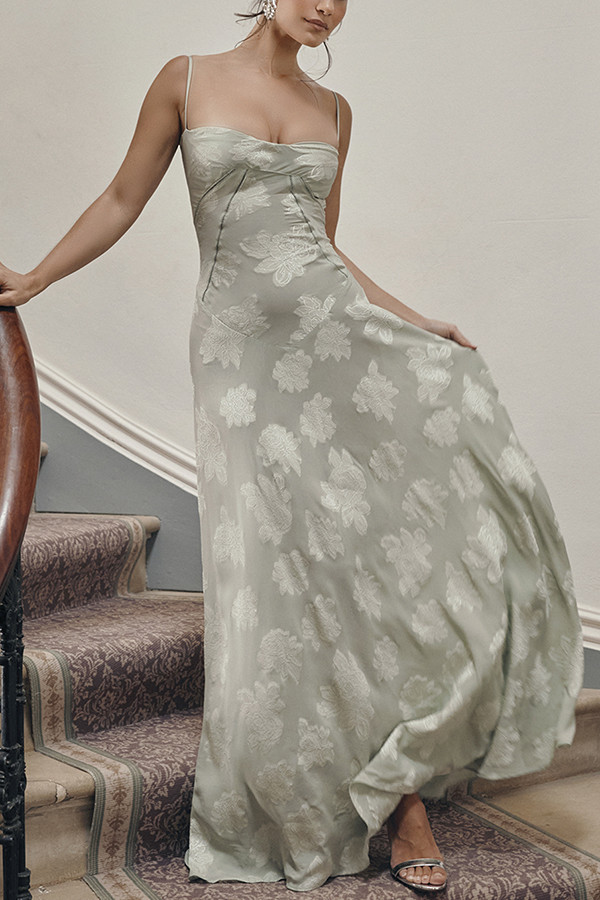 Romantic Vintage Feel Jacquard Fabric Back Lace-up Slip Floaty Maxi Dress