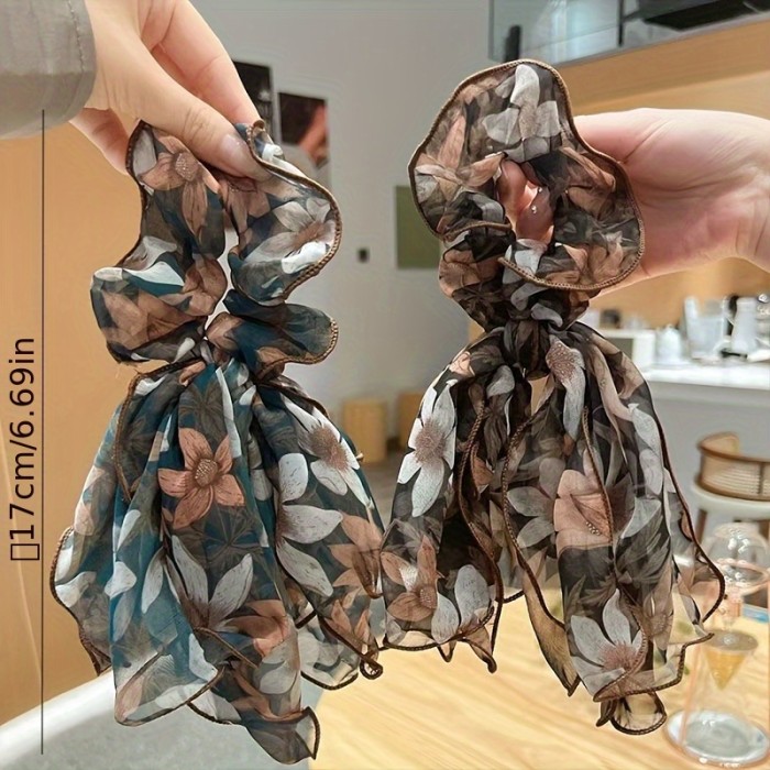 2pcs Set of French Retro Printed Chiffon Elegant Bow Hair Ring, Sweet Style Mesh Bow Ponytail Clip, Multifunctional Ribbon Hair Accessories, Black And Dark Green Hair Rope Set, Elegan