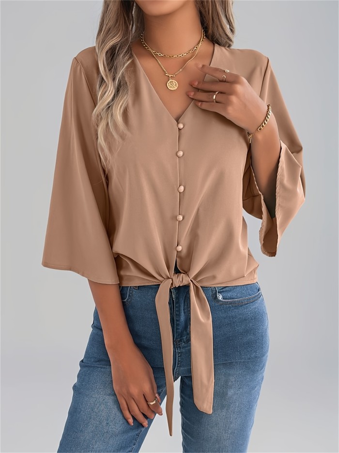 Summer V-Neck Summer Essential Women's V-Neck Blouse | Polyester, Machine Washable, Tie Waist and Batwing Sleeves - Casual Single-Breasted Button-Up Shirt, Ideal for Beach and Casual Attire, Versatile Women's Shirt | Tie Waist Detail | Flowing Material