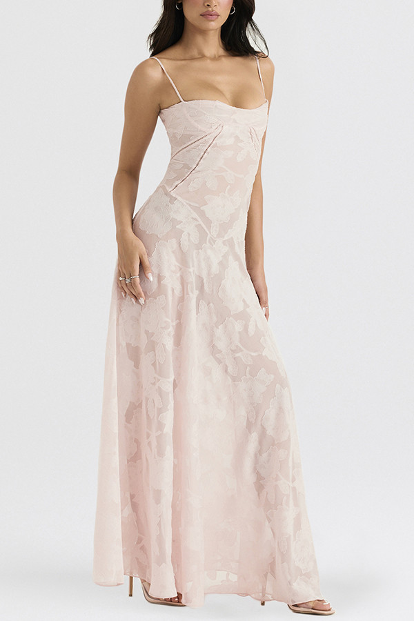 Romantic Vintage Feel Jacquard Fabric Back Lace-up Slip Floaty Maxi Dress