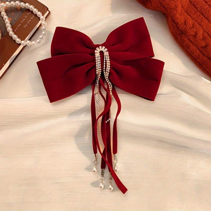 Vintage Rhinestone Tassel Bow Hair Clip - Vintage-Inspired, Perfect for Fall\u002FWinter & Christmas - Chic Accessory for Women and Teens