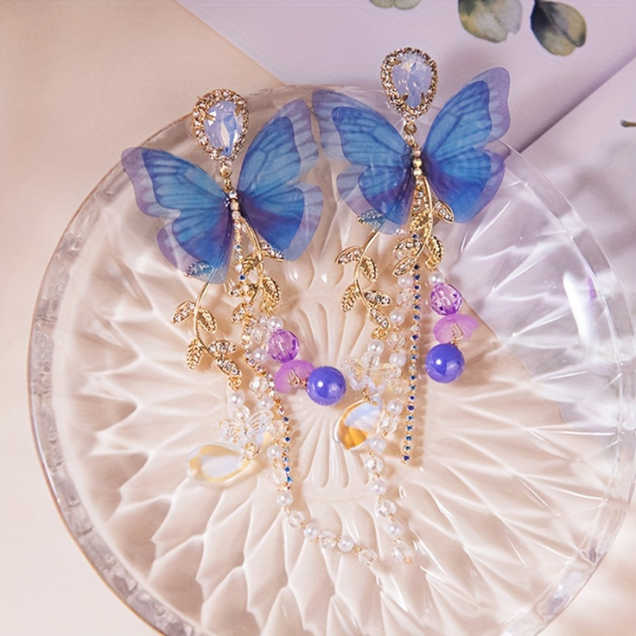 1 Pair Alloy Butterfly Tassel Earrings with Imitation Pearls and 925 Sterling Silver Posts, Boho Chic Dangle Drop Earrings for Daily and Vacation Wear, All-Season Jewelry