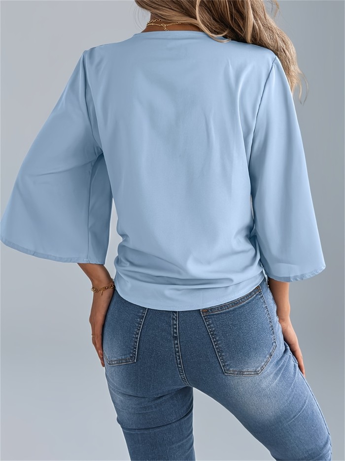 Summer V-Neck Summer Essential Women's V-Neck Blouse | Polyester, Machine Washable, Tie Waist and Batwing Sleeves - Casual Single-Breasted Button-Up Shirt, Ideal for Beach and Casual Attire, Versatile Women's Shirt | Tie Waist Detail | Flowing Material