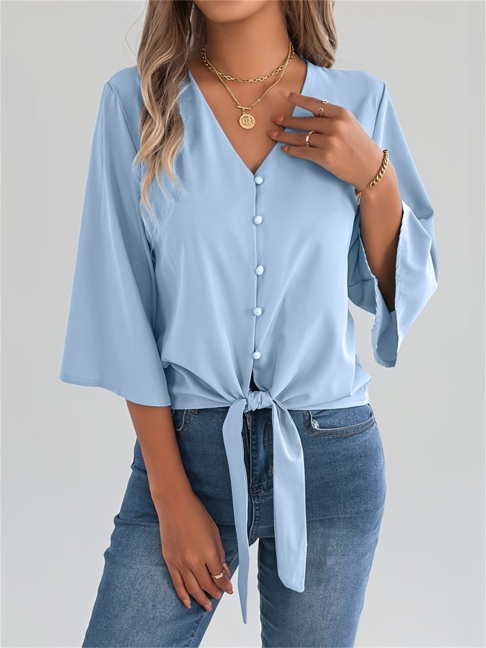 Summer V-Neck Summer Essential Women's V-Neck Blouse | Polyester, Machine Washable, Tie Waist and Batwing Sleeves - Casual Single-Breasted Button-Up Shirt, Ideal for Beach and Casual Attire, Versatile Women's Shirt | Tie Waist Detail | Flowing Material