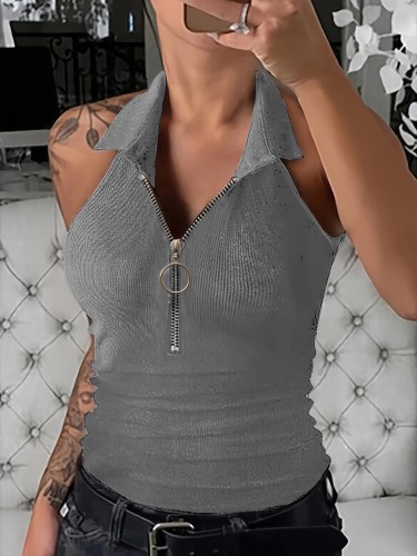 Stretchy & Non-Sheer Black Zip-Up Tank Top for Women | Sleeveless | Polyester Blend | Stretchy & Non-Sheer | Summer Casual Wear