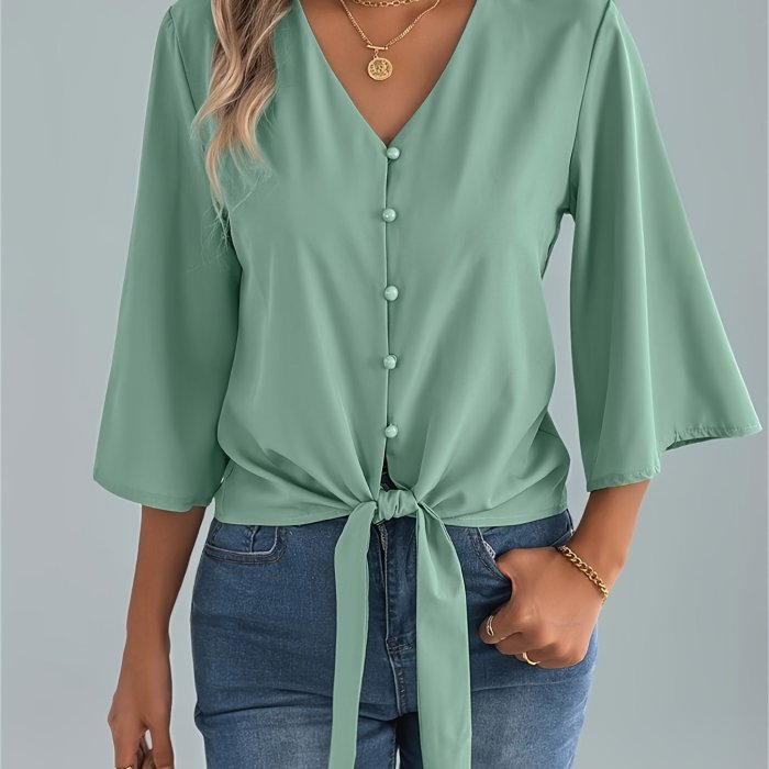 Summer V-Neck Summer Essential Women's V-Neck Blouse | Polyester, Machine Washable, Tie Waist and Batwing Sleeves - Casual Single-Breasted Button-Up Shirt, Ideal for Beach and Casual Attire, Versatile Women's Shirt | Tie Waist Detail | Flowing Material