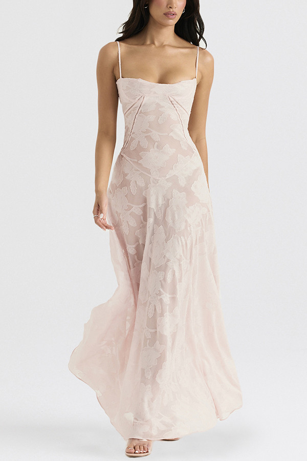 Romantic Vintage Feel Jacquard Fabric Back Lace-up Slip Floaty Maxi Dress