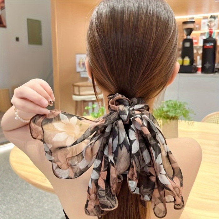 2pcs Set of French Retro Printed Chiffon Elegant Bow Hair Ring, Sweet Style Mesh Bow Ponytail Clip, Multifunctional Ribbon Hair Accessories, Black And Dark Green Hair Rope Set, Elegan