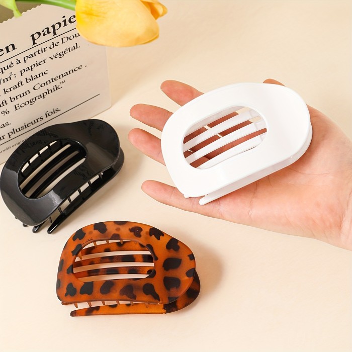 3pcs Plastic Flat Oval Hair Clip, Summer Minimalist Leopard Print Back Of The Head Disc Hair Clip, Curved Arc Design Temperament Shark Clip Hair Accessory