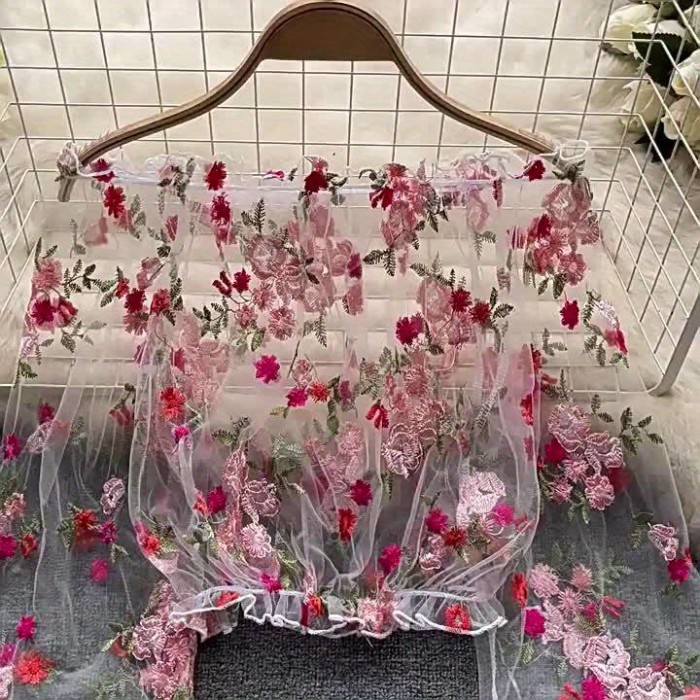 New Arrival - Sexy Off-Shoulder Floral Mesh Top with Lace Detail, Sheer Long Sleeve Cover-Up for Spring\u002FSummer, Romantic Fashion | Floral | Lace Trim, Floral Print Top