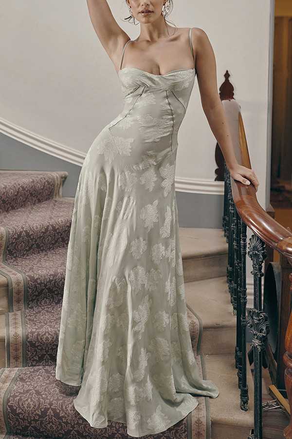 Romantic Vintage Feel Jacquard Fabric Back Lace-up Slip Floaty Maxi Dress