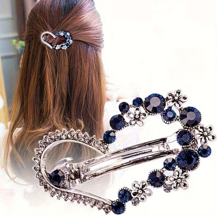 Vintage Elegant Heart-Shaped Hair Clip with Rhinestone Accents, Alloy Flower Hollow Claw Hairpin for Women, Fashion Hair Accessory for Half-Up Hairstyles - Single Piece