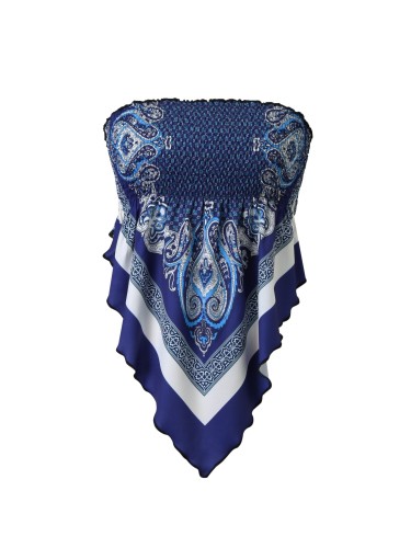 Vibrant Blue & White Paisley Print Tube Top - Non-Stretch, Ruffle Detail, Perfect for Vacation - Women's Sleeveless