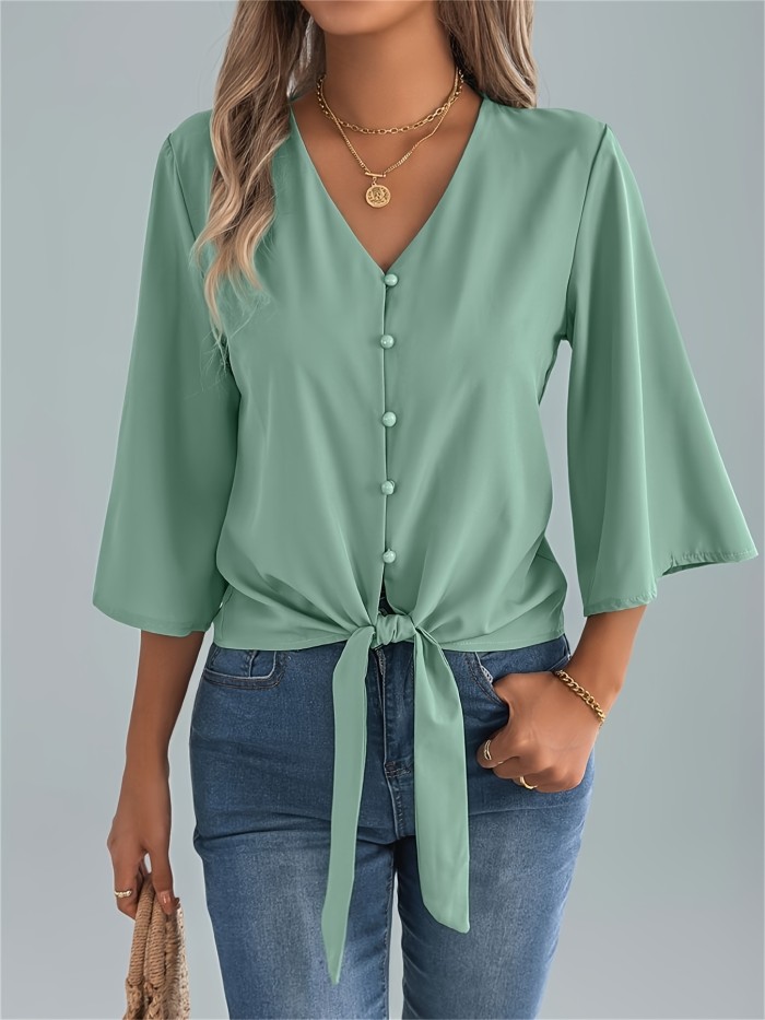 Summer V-Neck Summer Essential Women's V-Neck Blouse | Polyester, Machine Washable, Tie Waist and Batwing Sleeves - Casual Single-Breasted Button-Up Shirt, Ideal for Beach and Casual Attire, Versatile Women's Shirt | Tie Waist Detail | Flowing Material