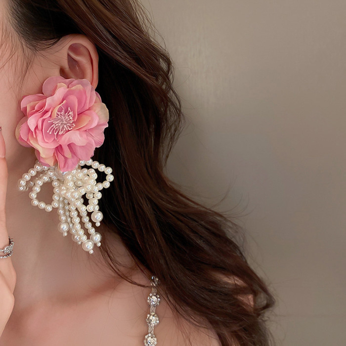 2pcs 925 Silvery Needle Vintage Flower Bow Tassel Earrings ins Fashion Exaggerated Temperament Elegant Earrings