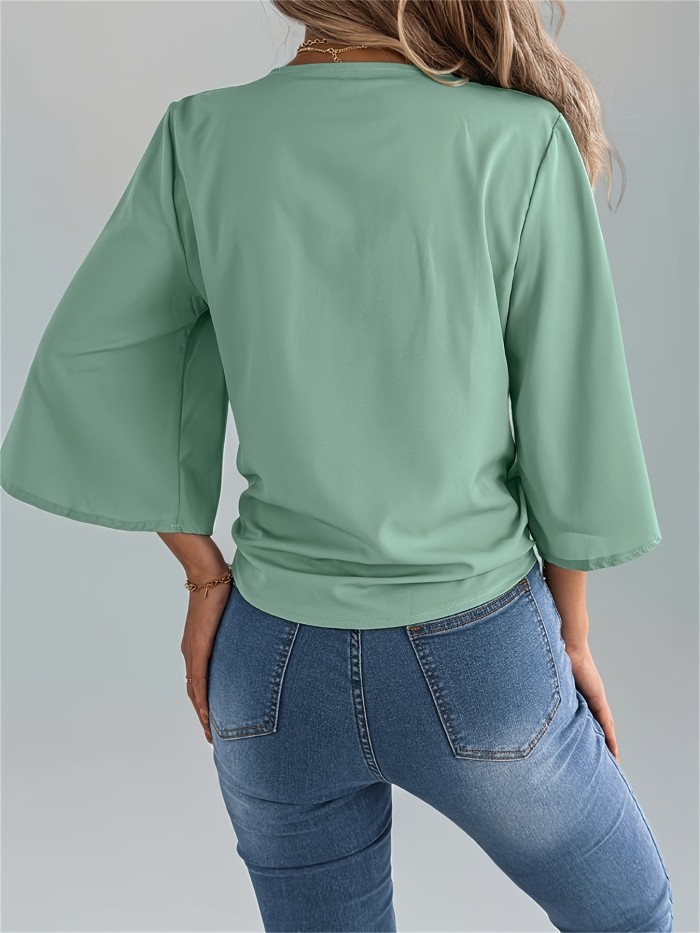 Summer V-Neck Summer Essential Women's V-Neck Blouse | Polyester, Machine Washable, Tie Waist and Batwing Sleeves - Casual Single-Breasted Button-Up Shirt, Ideal for Beach and Casual Attire, Versatile Women's Shirt | Tie Waist Detail | Flowing Material