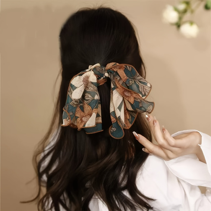 2pcs Set of French Retro Printed Chiffon Elegant Bow Hair Ring, Sweet Style Mesh Bow Ponytail Clip, Multifunctional Ribbon Hair Accessories, Black And Dark Green Hair Rope Set, Elegan