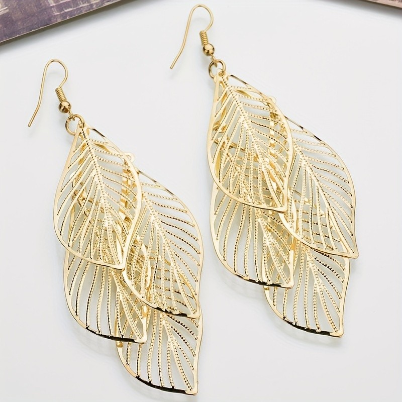 Golden Multi-layer Hollow Leaf Pendant - Retro Boho Style Dangle Earrings - Alloy Silver Plated Jewelry Exquisite Female Gift