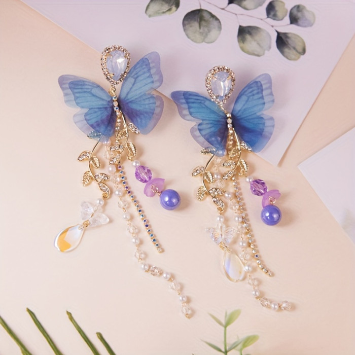 1 Pair Alloy Butterfly Tassel Earrings with Imitation Pearls and 925 Sterling Silver Posts, Boho Chic Dangle Drop Earrings for Daily and Vacation Wear, All-Season Jewelry