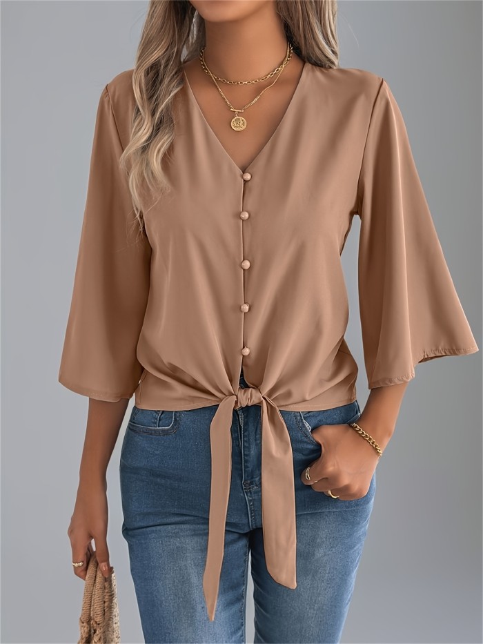 Summer V-Neck Summer Essential Women's V-Neck Blouse | Polyester, Machine Washable, Tie Waist and Batwing Sleeves - Casual Single-Breasted Button-Up Shirt, Ideal for Beach and Casual Attire, Versatile Women's Shirt | Tie Waist Detail | Flowing Material