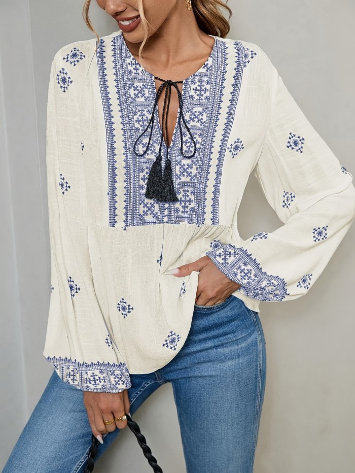 Women's Elegant Paisley Blouse with Tie-Neck Detail – Semi-Sheer, Geometric Design, Relaxed Fit