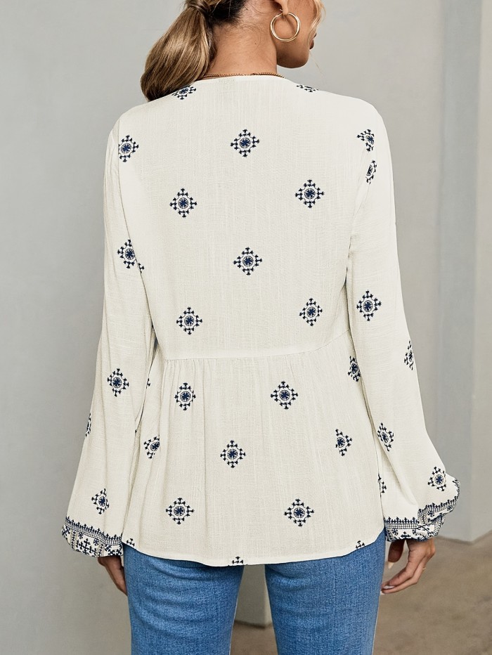 Women's Elegant Paisley Blouse with Tie-Neck Detail – Semi-Sheer, Geometric Design, Relaxed Fit