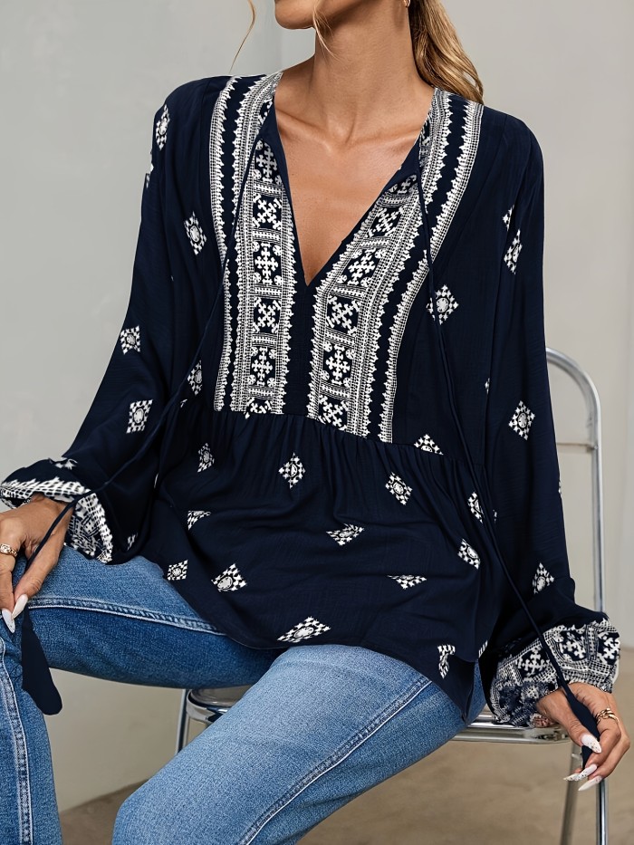 Women's Elegant Paisley Blouse with Tie-Neck Detail – Semi-Sheer, Geometric Design, Relaxed Fit