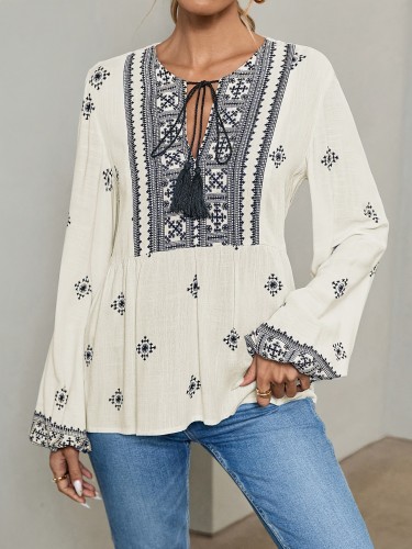 Women's Elegant Paisley Blouse with Tie-Neck Detail – Semi-Sheer, Geometric Design, Relaxed Fit