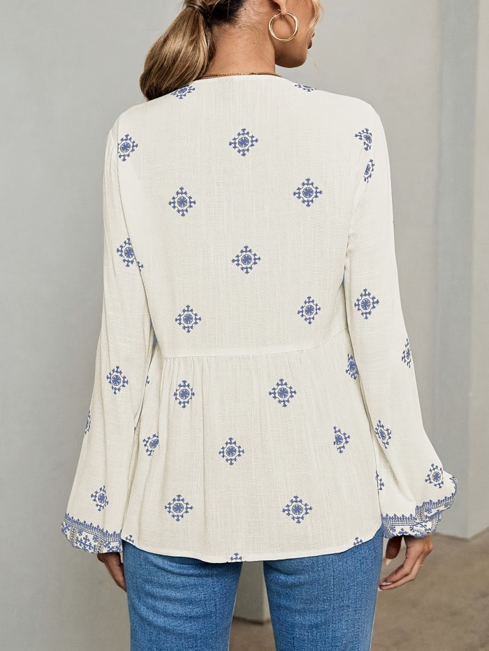 Women's Elegant Paisley Blouse with Tie-Neck Detail – Semi-Sheer, Geometric Design, Relaxed Fit