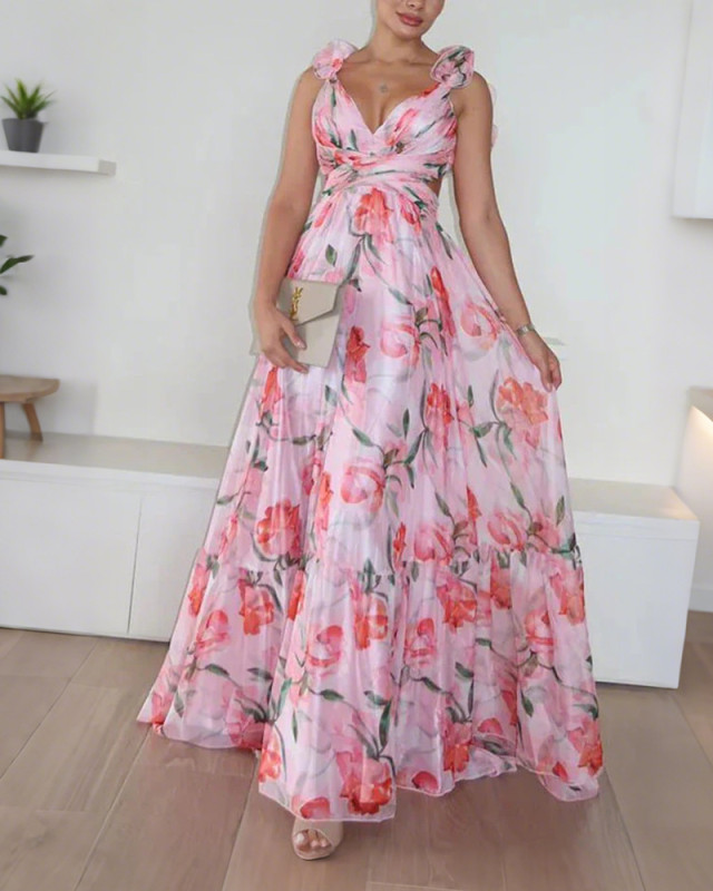 Three-Dimensional Floral-Print Strap Dress