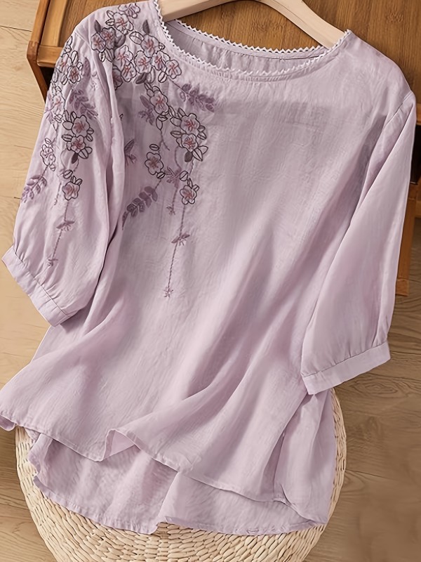 Women's Plus Size Green Embroidered Blouse – Loose Fit, Crew Neck, Vintage Summer Shirt
