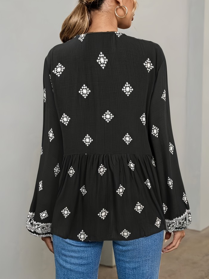 Women's Elegant Paisley Blouse with Tie-Neck Detail – Semi-Sheer, Geometric Design, Relaxed Fit