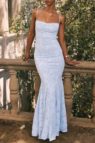 Sexy Solid Color Jacquard Lace Backless Strap Design Square Neck Fishtail Dresses