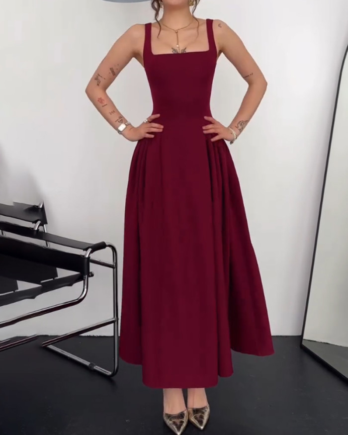 Elegant Solid Color Sling Dress