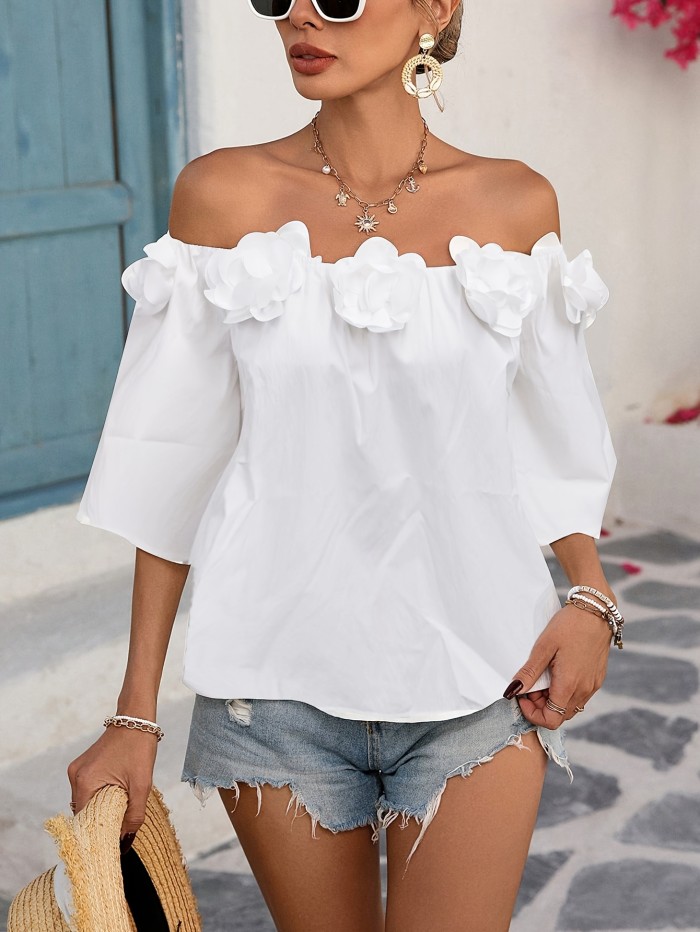 Women's Off-Shoulder Ruffle Blouse with Floral Applique – Chic Summer Top for Casual or Dressy Wear