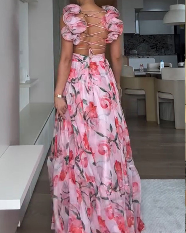 Three-Dimensional Floral-Print Strap Dress