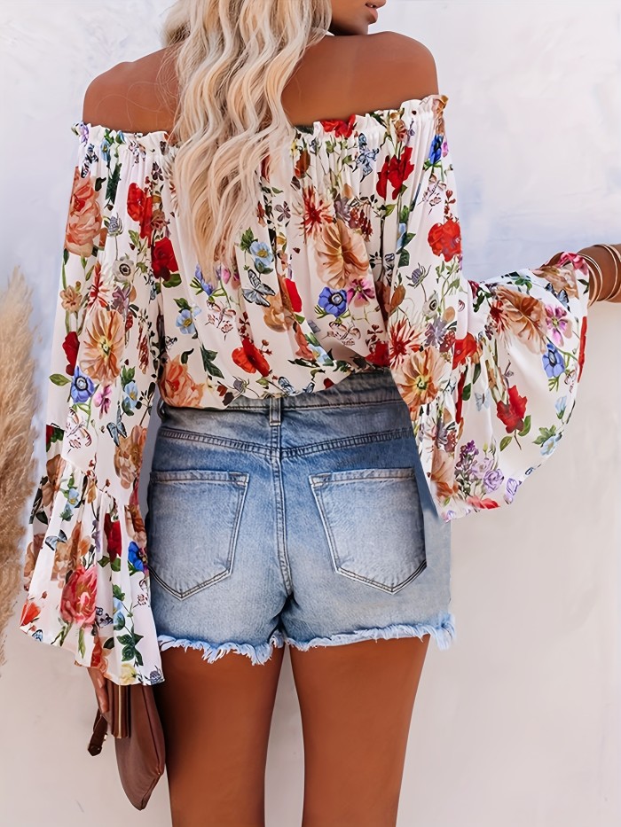 Women's Off-Shoulder Floral Print Blouse – Boho Long Sleeve for Spring & Summer