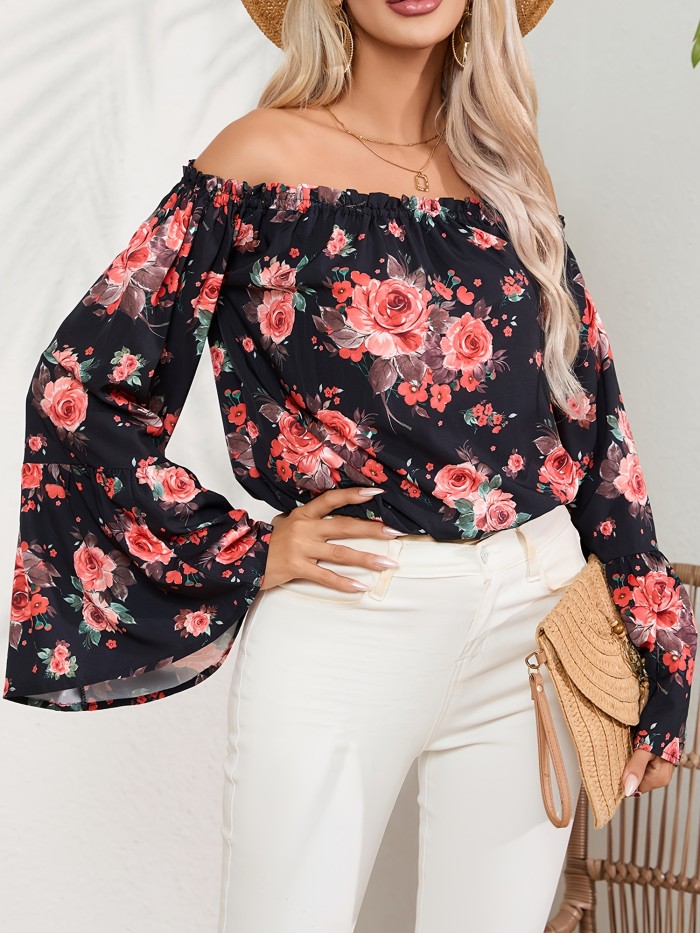 Women's Off-Shoulder Floral Print Blouse – Boho Long Sleeve for Spring & Summer